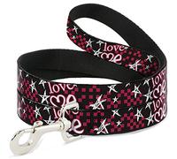 Buckle Down "Love Me avec Sketch étoiles et Checkers Pet Leash, 4 'x 1/5,1 cm, Noir/Fuchsia/Blanc