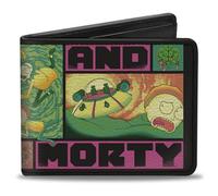 Buckle-Down Rick and Morty Portefeuille à deux volets, blocs de texte et scènes de Rick and Morty, noir multicolore, cuir végétalien