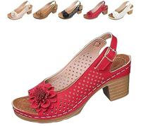 Buckled Square Heel Sandals for Women, Buckled Square Dressy Heel Summer Sandals, Low Peep Toe Slingbacks (Red,37)