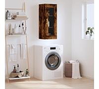 Bucmath Armoire murale, en chêne fumé, 34,5 x 34 x 90 cm, en matériau dérivé du bois, avec porte en verre, armoire de rangement polyvalente, pour cuisine, salon et bureau