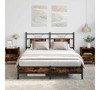 Bucmath Cadre de lit 140 x 200 cm en chêne fumé, matériau dérivé du bois et acier, avec tête de lit, lit plate-forme robuste pour chambre à coucher, sommier à lattes stable, beaucoup d'espace de