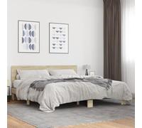 Bucmath Cadre de lit en chêne Sonoma 200 x 200 cm, matériau en bois et cadre en métal, lattes de contreplaqué solides, dossier haut, meuble de chambre durable pour un sommeil réparateur