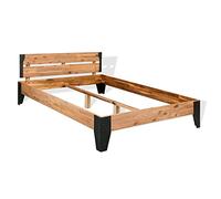 Bucmath Cadre de Lit Plateforme en Bois d'Acacia Massif Brossé et Acier Noir, 152x203 cm, Style Industriel Robuste pour Chambre à Coucher, Meuble Élégant