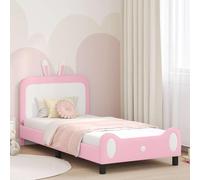 Bucmath Cadre de lit pour enfant avec tête de lit, rose, 90 x 190 cm, cuir PU, design en bois robuste, profil bas, espace de rangement intégré, montage facile, durable