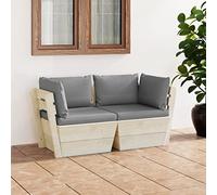 Bucmath Canapé Palette à 2 Places de Jardin en Bois d'épicéa avec Coussins Gris, Ensemble mobilier extérieur pour terrasse, Balcon, fauteuils Confortables et Design Rustique