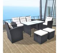 Bucmath Ensemble à Manger d'extérieur 6pcs Coussins résine tressée Noir avec Structure Acier, Table Verre 120x70cm, canapé 3 Places, fauteuils, Repose-Pieds pour Patio, Balcon Repas Confortables