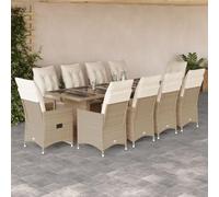 Bucmath Ensemble bistro de jardin 11 pièces en polyrotin beige avec coussins, fauteuils de relaxation réglables, plateau de table en verre trempé, résistant aux UV, pour balcon et terrasse