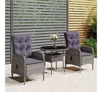 Bucmath Ensemble bistro de jardin 3 pièces en polyrotin gris, fauteuils réglables avec coussins, table de 80 cm, résistant aux intempéries, pour terrasse, balcon, extérieur