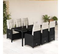 Bucmath Ensemble bistro de jardin 7 pièces en polyrotin noir, fauteuils réglables, plateau en verre trempé, meubles d'extérieur pour terrasse, balcon, salle à manger avec coussins blanc crème