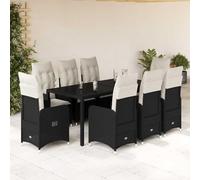 Bucmath Ensemble bistro de jardin 9 pièces avec coussins noirs, poly rotin, fauteuils réglables, plateau de table en verre trempé, résistant aux UV, pour balcon et terrasse