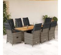 Bucmath Ensemble bistro de jardin 9 pièces en polyrotin gris avec coussins, fauteuils de relaxation réglables, plateau de table en bois d'acacia, résistant aux UV, pour balcon, terrasse