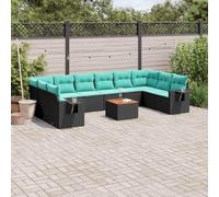 Bucmath Ensemble de 11 Pièces Canapé de Jardin en Polyrotin Noir Résistant aux UV Design Modulaire avec Coussin Bleu Table Pliante pour Terrasse Balcon Extérieur