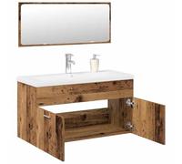 Bucmath Ensemble de 3 meubles de salle de bain en bois vieilli avec lavabo, miroir, robinet et bonde pop-up 90 cm de large