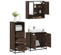 Bucmath Ensemble de 3 meubles de salle de bain, marron, aspect chêne, bois, métal, verre, pour salle de bain, meuble sous lavabo, armoire à miroir, armoire haute