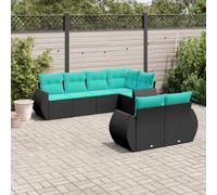 Bucmath Ensemble de 7 canapés de jardin en rotin synthétique noir avec coussins bleus, résistants aux UV, meubles d'extérieur modulaires pour terrasse, balcon, jardin, durable, résistant aux