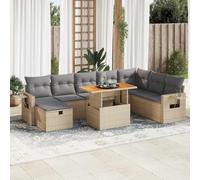 Bucmath Ensemble de 9 canapés de jardin, en polyrotin beige et bois d'acacia, avec coussins, espace de rangement et table pliante, résistant aux UV, pour terrasse et balcon