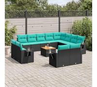 Bucmath Ensemble de canapé de jardin 13 pièces en rotin synthétique noir résistant aux UV avec coussins bleus Table d'appoint pliante pour terrasse, balcon