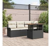 Bucmath Ensemble de Canapé de Jardin avec Coussins 5 Pièces Noir et Crème Poly Rotin Bois d'acacia Résistant aux UV Modulable Outdoor Lounge pour Terrasse
