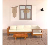 Bucmath Ensemble salon de jardin 6 pièces en bois d'acacia massif, coussins blanc crème, table de 100 x 60 cm, pour terrasse, balcon, meubles d'extérieur, ensemble de patio durable