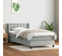 Bucmath Lit à sommier tapissier, gris clair, 90 x 220 cm, housse en velours, matelas à ressorts ensachés, tête de lit réglable, surmatelas en mousse à mémoire de forme, kit complet pour chambre à