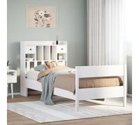 Bucmath Lit Bibliothèque Blanc 90x200cm, Cadre en Bois de Pin Massif, Rangement Intégré, Sommier à Lattes, Meuble Chambre Gain de Place