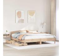 Bucmath Lit en bois de pin massif, 200 x 200 cm, avec sommier à lattes et tête de lit, 2 tiroirs, bois non traité pour chambre à coucher