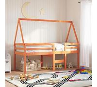 Bucmath Lit Haut Enfant 90x200 cm, Bois de Pin Massif, Marron Ciré, Cadre de Lit Surélevé avec Toit, Échelle Intégrée, Garde-Corps de Sécurité, Meuble Chambre