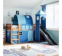 Bucmath Lit mezzanine, bleu, 80 x 200 cm, en pin massif, avec tour, toboggan et rideaux, cadre de lit stable pour chambre d'enfant, protection anti-chute sûre