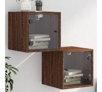 Bucmath Lot de 2 tables de chevet avec portes en verre - Effet chêne marron - 35 x 37 x 35 cm - Montage mural - Pour chambre à coucher et salon
