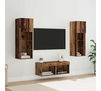 Bucmath Lot de 4 étagères murales en chêne artisanal, 40 x 30 x 30 cm, en bois, avec éclairage LED, étagères en verre et portes, centre de divertissement moderne pour salon, chambre à coucher