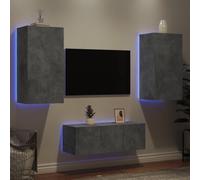 Bucmath Lot de 4 meubles de salon avec éclairage LED RVB, gris béton, matériau en bois, montage mural, meuble TV moderne pour salon, rangement multimédia polyvalent