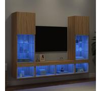 Bucmath Lot de 5 meubles de salon en bois de chêne Sonoma, meuble TV avec éclairage LED RVB, montage mural, espace de rangement pour salon, 40,5 x 30 x 102 cm