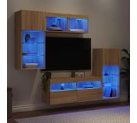 Bucmath Lot de 5 pièces murales en chêne Sonoma, matériau en bois, avec éclairage LED RVB, montage mural, 2 (40,5 x 30 x 90 cm) et 2 (40 x 30 x 30 cm) et 1 (100 x 30 x 40 cm), centre de divertissement