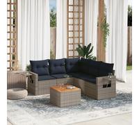 Bucmath Lot de 6 canapés de jardin gris en résine tressée avec coussins, table pliante, plateau en bois d'acacia résistant aux UV, modulaire, pour terrasse et balcon