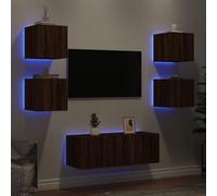 Bucmath Lot de 6 meubles de salon avec éclairage LED, aspect chêne marron, matériau en bois, montage mural, design moderne, meuble TV polyvalent pour salon