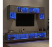 Bucmath Lot de 6 pièces - Meuble de salon avec éclairage LED - Matériau en bois gris béton - Montage mural - Espace de rangement pour salon - Design centre de divertissement moderne - Largeur totale