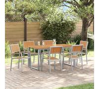 Bucmath Lot de 7 tables à manger de jardin, grises, en bois d'acacia massif, résistantes aux intempéries, extensibles, stables, pour terrasse, balcon et meubles de jardin
