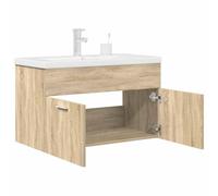 Bucmath Meuble de lavabo en chêne Sonoma 80 x 38,5 x 46 cm avec bac encastrable en céramique, robinet, bonde pop-up, résistant à l'humidité, flottant, pour salle de bain