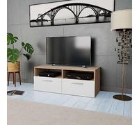Bucmath Meuble TV en bois 95 x 35 x 36 cm, chêne et blanc, armoire multimédia moderne avec 2 étagères ouvertes, 2 portes, pour salon, chambre à coucher, console TV stable