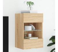 Bucmath Meuble TV mural en chêne Sonoma, 40 x 30 x 60,5 cm, avec éclairage LED RVB, étagère en verre, 2 portes, console TV polyvalente, centre de divertissement pour salon