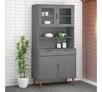 Bucmath MOLDE - Dessus de buffet haut - Gris - 90 x 35 x 100 cm - Pin massif laqué UV - Avec portes en verre - Espace de rangement pour cuisine, salle à manger