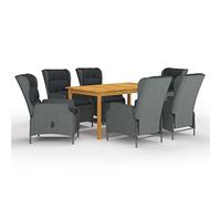 Bucmath Salon de jardin 7 pièces gris clair, table en bois d'acacia, chaises en rotin PE, dossiers réglables, coussins noirs, pour patio extérieur