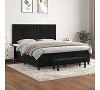 Bucmath Sommier à Lattes Lit Double 160x200 cm Noir, Velours Doux, Tête de Lit Réglable, Matelas Ressorts Ensachés, Surmatelas Mousse, Banc de Rangement, Meuble Chambre