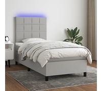 Bucmath Sommier à Lattes Lit Gris Clair 100x200 cm avec Matelas Ressorts Ensachés, Tête de Lit Réglable, Bande LED Colorée, Tissu Durable et Surmatelas Confortable