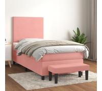 Bucmath Sommier à Lattes Lit Rose 90x190 cm Velours, Tête de Lit Réglable, Matelas Ressorts Ensachés, Banc Multifonctionnel, Meuble Chambre Confortable