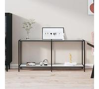 Bucmath Table console blanche 160 x 35 x 75,5 cm, plateau en verre trempé, acier revêtu par pulvérisation, élégante table de couloir avec étagère inférieure, table d'appoint stable pour salon