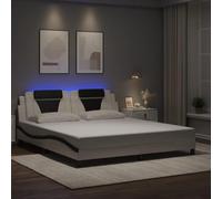 Bucmath Viana Cadre de lit 180 x 200 cm, en cuir synthétique blanc noir, forme ondulée, avec éclairage LED, coussin de tête de lit, pour meubles de chambre à coucher