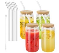 BUCOMTU 4 Pièces Verres à Boire avec Couvercles en Bambou et Paille en Verre,Verre Canette 500 ml, avec Couvercle et Paille,Pour Ice Coffee, Cocktail, Smoothie