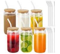 BUCOMTU 6 Pièces Verres à Boire avec Couvercles en Bambou et Paille en Verre,Verre Canette 500 ml, avec Couvercle et Paille,Pour Ice Coffee, Cocktail, Smoothie