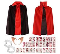 BUCOMTU Cape de vampire pour enfant avec col, 90 cm Cape de vampire pour Halloween avec oreilles pointues, autocollants tatouages et crocs